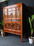 Antique Oriental Chinese Wedding Cabinet Brown Tan Storage - erfmann-vintage