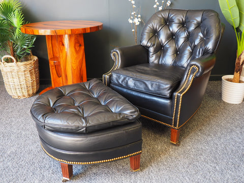 Chesterfield Style Leather Armchair & Footstool by Hancock & Moore - erfmann-vintage