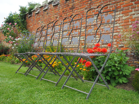 Vintage Wrought Iron Folding Garden Chairs with Animals Depicted Four in Set - erfmann-vintage