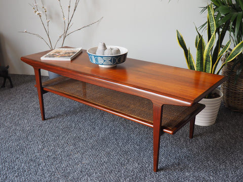 Mid Century Norwegian Rosewood Coffee Table with Rattan Magazine Shelf - erfmann-vintage