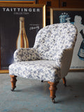 Country Chic Button Back Arm/Occasional Chair Reupholstered Blue & White Floral Pattern - erfmann-vintage
