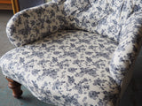 Country Chic Button Back Arm/Occasional Chair Reupholstered Blue & White Floral Pattern - erfmann-vintage