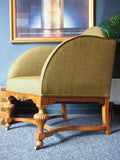 Antique Walnut Armchair Reupholstered Green Fabric 