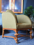 Antique Walnut Armchair Reupholstered Green Fabric
