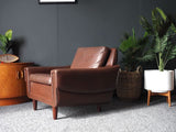 Mid Century Vintage Brown Leather Low Armchair 1970s