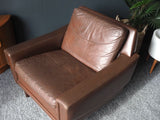 Mid Century Vintage Brown Leather Low Armchair 1970s