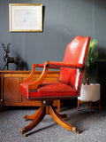 Antique Red Leather & Mahogany Georgian Gainsborough Style Swivel Chair