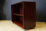 Mid Century Danish Rosewood Veneer Low Profile Bookcase on Casters