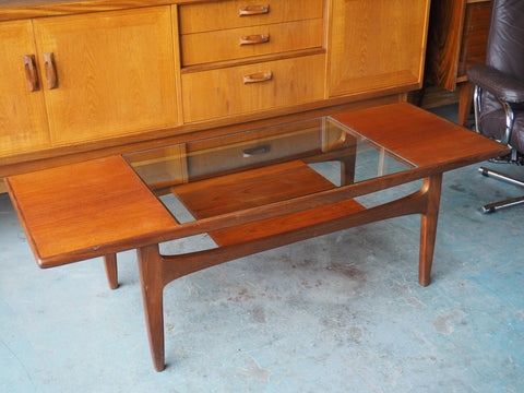 Mid Century VB Wilkins G-Plan Coffee Table Teak with Glass Top & Magazine Shelf - erfmann-vintage