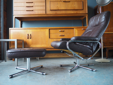 Scandinavian Mid Century Brown Leather Swivel/Reclining Chair & Footstool From Skoghaug Industri - erfmann-vintage
