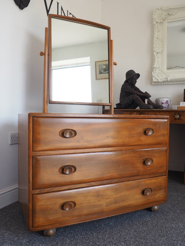 1950s Ercol Elm Wood Dressing Table/Chest of Drawers with Mirror - erfmann-vintage