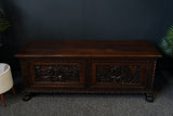 Antique Late 18th C Solid Oak Coffer Trunk Chest with Victorian Carvings Added